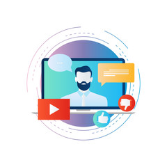 Customer service, live chat support, video tutorial gradient color vector illustration design. Customer online assistance, online tutorial, internet training icon design for web banners and apps - obrazy, fototapety, plakaty