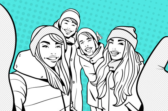 Sketch Of Young People In Winter Clothes Making Selfie Photo Over Colorful Retro Style Background Mix Race Man And Woman Happy Smiling Take Self Portrait Vector Illustration