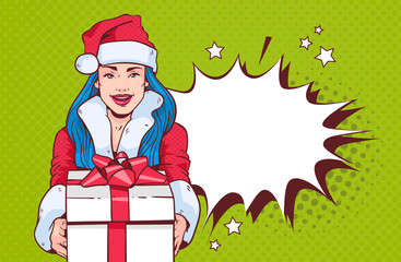 Beautiful Girl Wear Santa Costume Hold Gift Box, Merry Christmas And Happy New Year Concept Retro Pop Art Style Vector Illustration
