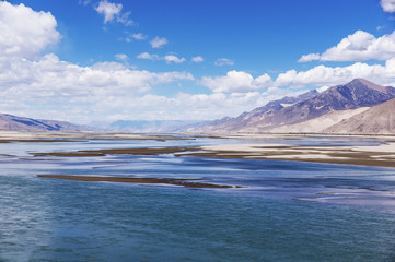 Typical landscape of Tibet - Holy Brahmaputra river, Yarlung Tsangpo, and mountain landscape - Tibet