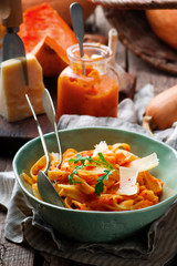 Alfredo pasta sauce with butternut squash, garlic and Parmesan .selective focus