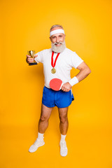 Competetive cool healthy modern successful active grandpa with table tennis equipment. Healthcare, weight loss, bodycare lifestyle, motivation, activity, pride, hobby