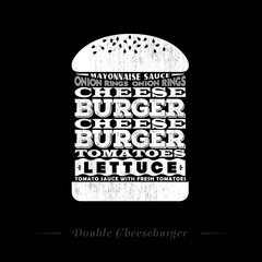 Burger with egg recipe infographic, black and white, chalk-drawn. Lettering. Typographic illustration. Burger, tomatoes, egg, tomato sauce, cheese, lettuce, bun.