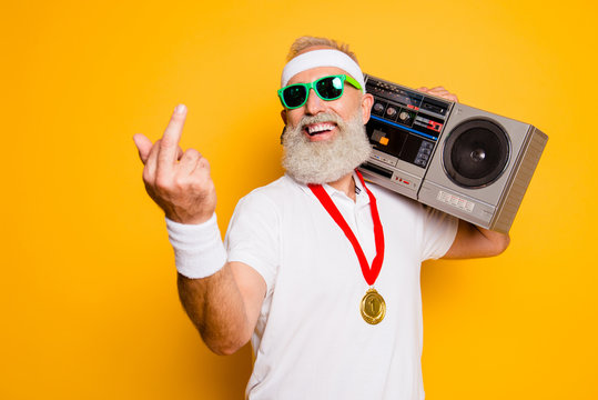 Fuck it! Crazy aged rude sporty funny sexy athlete grandpa in eyewear with recorder. Old school, swag, fooling around, gym, workout, technology, groove, stereo sound, funky leisure, chill, young