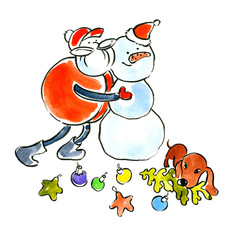 New Year's, Christmas, festive poster. Cheerful, happy, athletic, Santa Claus. Frosty, winter, cold Santa Claus. Earthy, yellow, active dachshund dog. Night salute, garland. Watercolor. Illustration