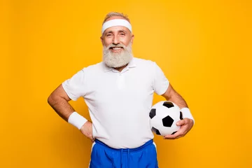 Foto op Plexiglas Mature modern cool grey haired funny competetive pensioner, leader, champion. Bodycare, healthcare, weight loss, pride, strength, leadership, motivation, happiness, authority, gym lifestyle © deagreez