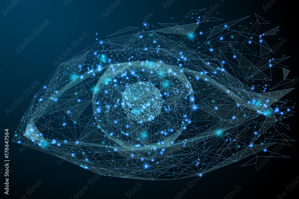 Poster low poly wireframe technology eye. futuristic concept. vector eye mesh spheres from flying debris. t