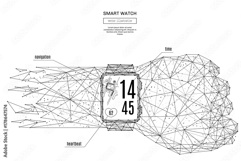 Poster Smart watch low poly wireframe isolated black on white background. Abstract mash line and point origami. Vector illustration.Technology concept with geometry triangle. Light connection structure.