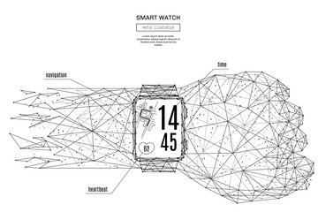 Smart watch low poly wireframe isolated black on white background. Abstract mash line and point origami. Vector illustration.Technology concept with geometry triangle. Light connection structure.