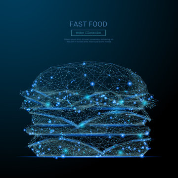 Low Poly wireframe Burger. Fast food concept. Vector hamburger mesh spheres from flying debris. Thin line concept. Blue structure style illustration. Cheeseburger polygonal image