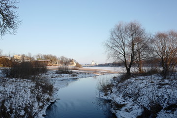 The Mirozhka River. In the background: River Velikaya. Pskov. Russia. 