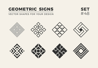 Set of eight minimalistic trendy shapes. Stylish vector logo emblems for Your design. Simple creative geometric signs collection.