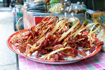 Dried and sweeten meat for sell at Sutthisan market, Bangkok, Thailand