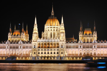 Parliament near Danube river scenic view at night, Budapest, Hungary