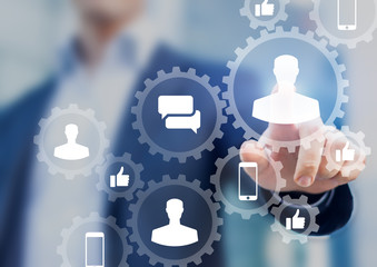 Social media digital marketing concept, icons inside connected gears network