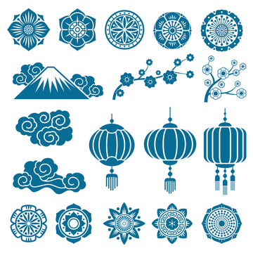 Japanese and chinese asian motif vector decor pattern elements