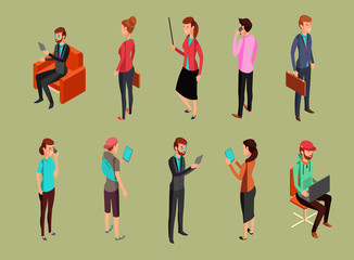 Different office people sitting and standing, using gadgets. Isometric woman and men vector illustration