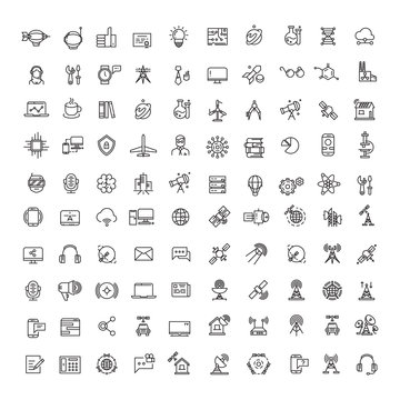 Office, science, technologies, space and communication line icons set