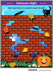 Halloween night themed visual math puzzle with holes in red brick wall: How many bricks it is needed to repair the wall? Answer included.
