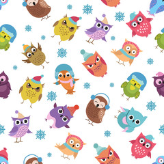 Naklejka premium Funny winter owls vector seamless pattern. Christmas holiday background
