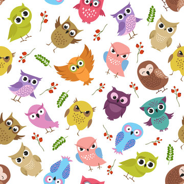 Cute owls vector seamless pattern