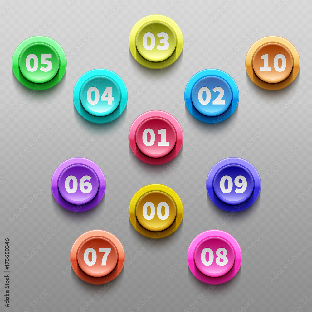 Poster number buttons, 3d pointing bullets isolated vector set