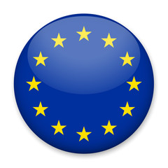 Flag of European Union in the form of a round button with a light glare and a shadow. The symbol of Independence Day, a souvenir, a button for switching the language on the site, an icon.