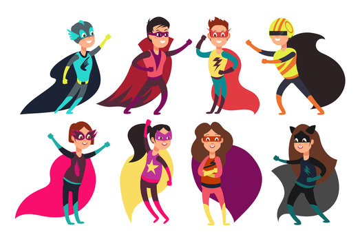 Happy kids superheroes wearing colorful superheros costumes. Cartoon children characters