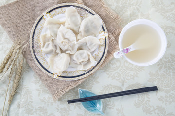 Top View Of Chinese Dumpling (JIAOZI) on table.
