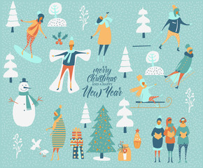 Merry Christmas and happy New year vector greeting card with winter games and people. Celebration template with playing cute people in vintage style.