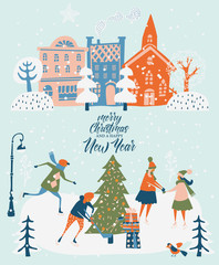 Merry Christmas and happy New year vector greeting card with winter games and people. Celebration template with playing cute people in vintage style.