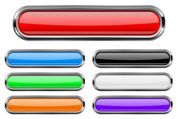 Rectangle buttons set with bold chrome frame. 3d shiny icons