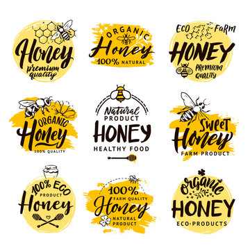 Vector hand drawn words and letters. Logo set for honey products