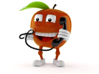 Apple character holding a telephone handset