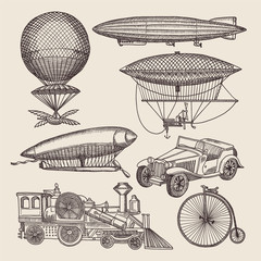 Illustrations of different retro transport. Balloons, zeppelin, machines and others. Hand drawn illustrations in steampunk © ONYXprj
