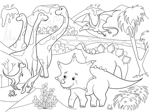 Cartoon Coloring for children dinosaurs in nature. Black and white raster illustration