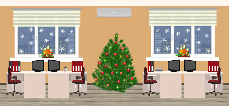 Office room interior in christmas design with two work spaces at evening before xmas. Holiday eve in company office.