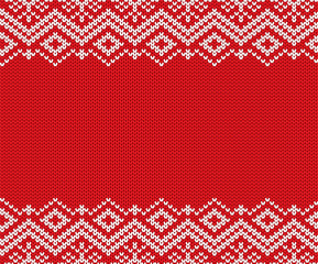 Knitted christmas red and white geometric ornament. Xmas knit winter sweater texture design.