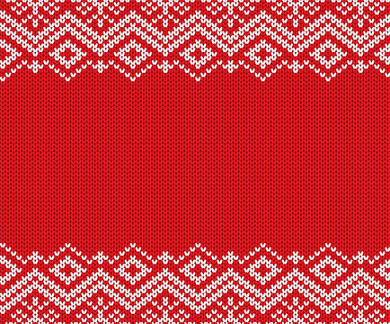 Knitted christmas red and white geometric ornament. Xmas knit winter sweater texture design.