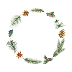 Watercolor Christmas frame with fir branches and place for text.