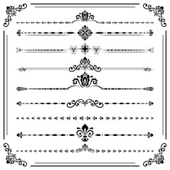 Vintage set of vector decorative elements. Horizontal separators in the frame. Collection of different ornaments. Classic patterns. Set of vintage black and white patterns