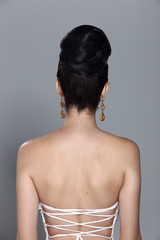 Lovely Caucasian Beautiful Woman bride in white wedding gown dress with lace, black hair