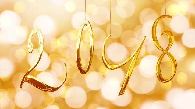 Seamless loop - Golden numbers 2018 hanging on bokeh lights background, HD video