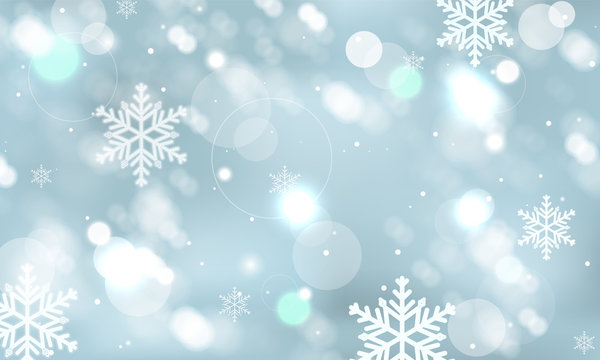 Abstract winter vector wallpaper with snowflakes, snowfall and glowing elements.