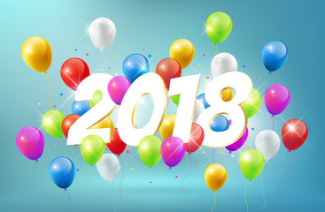 Happy New Year 2018 with colorful balloons, vector illustration