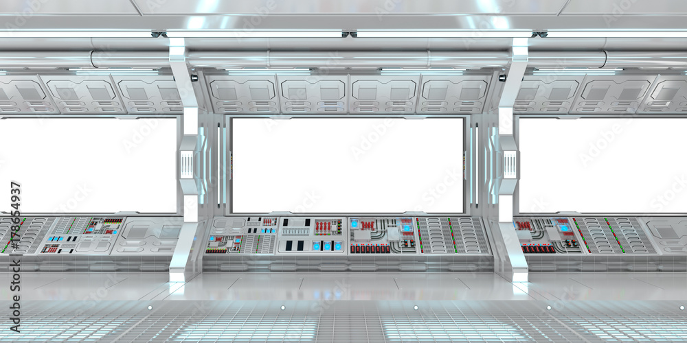 Poster Spaceship interior with view on white windows 3D rendering