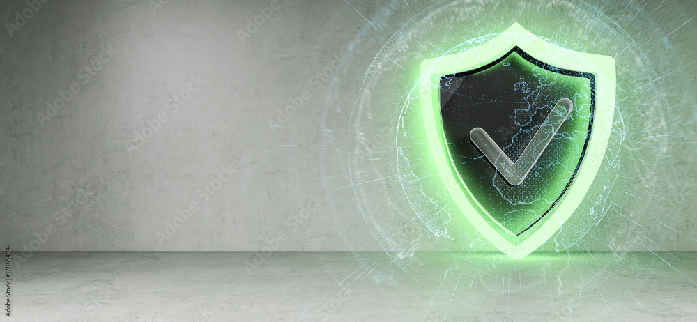 Poster Shield icons in interior with connections 3D rendering