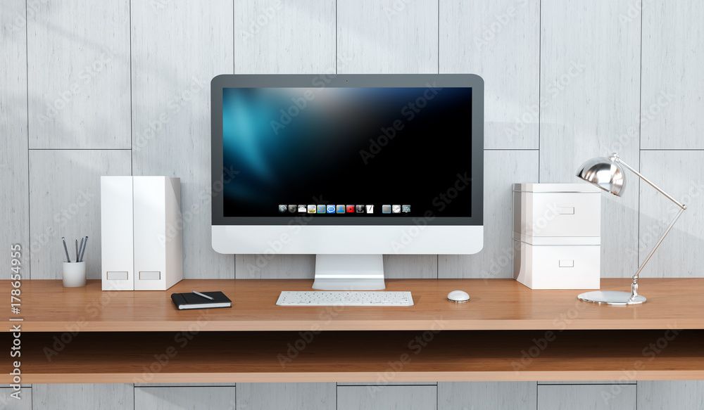 Poster Modern workplace interior with computer and devices 3D rendering