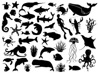 Aquatic life vector silhouettes - obrazy, fototapety, plakaty