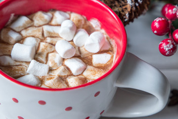 Christmas hot chocolate with marshmellow on light wooden background